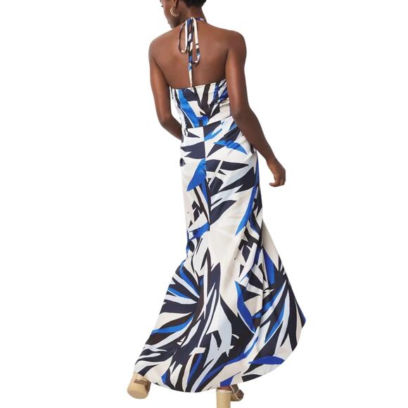 WHBM Satin Halter Maxi Blue Dress NWT $180 Abstract Print Modern - Picture 2 of 16